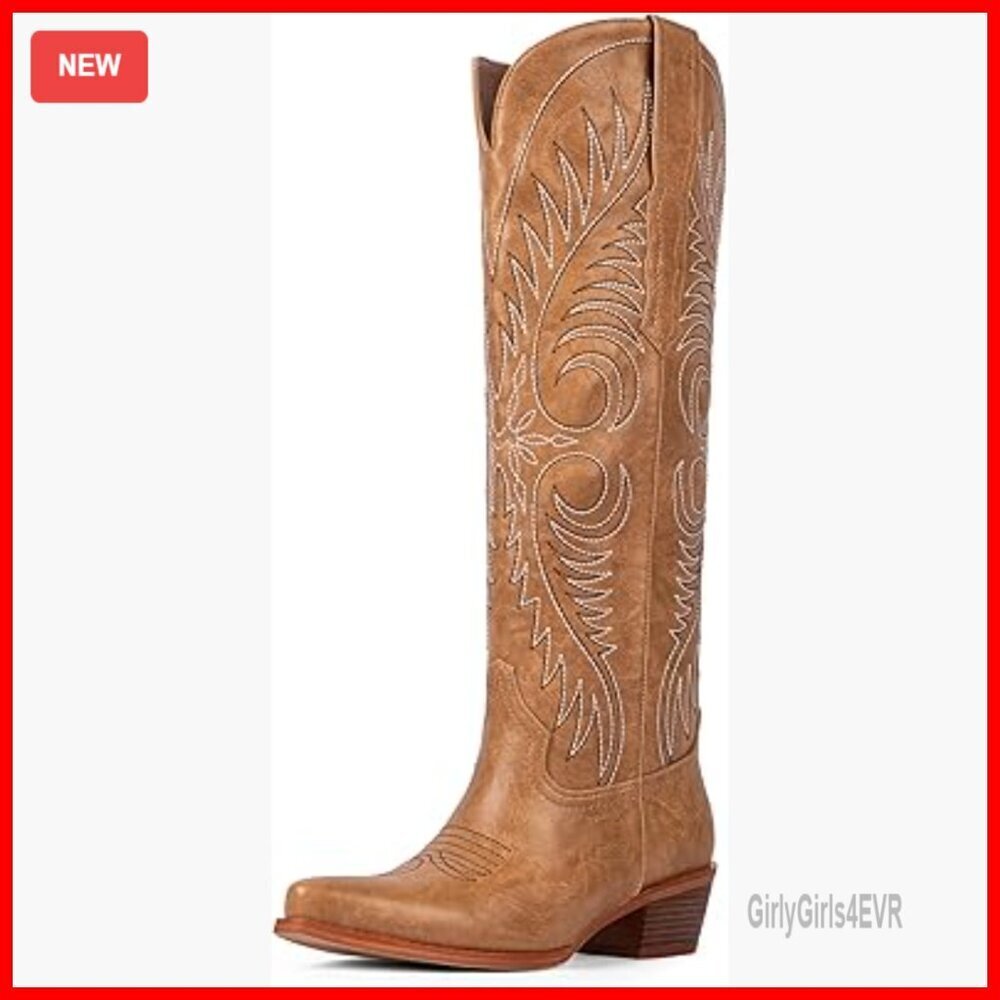 Knee High Cowboy Boots Embroidered Pointed Toe Chunky Heel Western Pull On